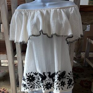 Off-Shoulder White Top with Black Embroidery